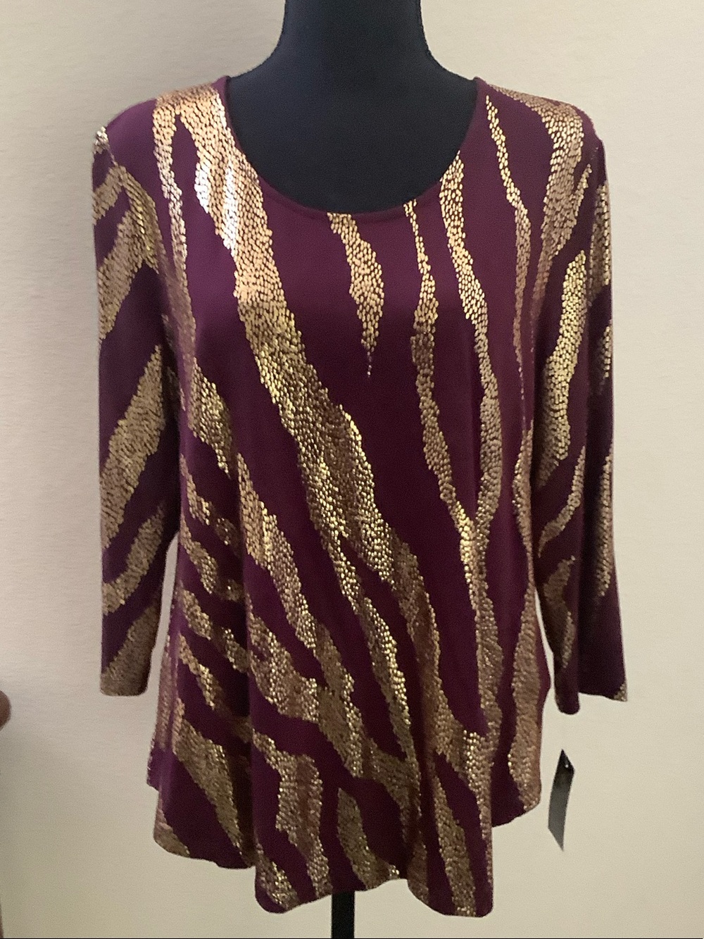 JM Collection Plum Scoop Neck Top with Gold Metallic Zebra Stripes